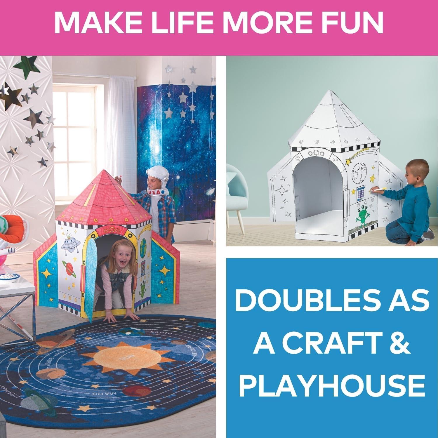 imageFun Express Cardboard Playhouse Rocket Ship Toy for Kids  5 Foot Color Your Own Spaceship for Indoor Play  White Cardboard House to Color for Toddler Activities ampamp Creative Arts Projects
