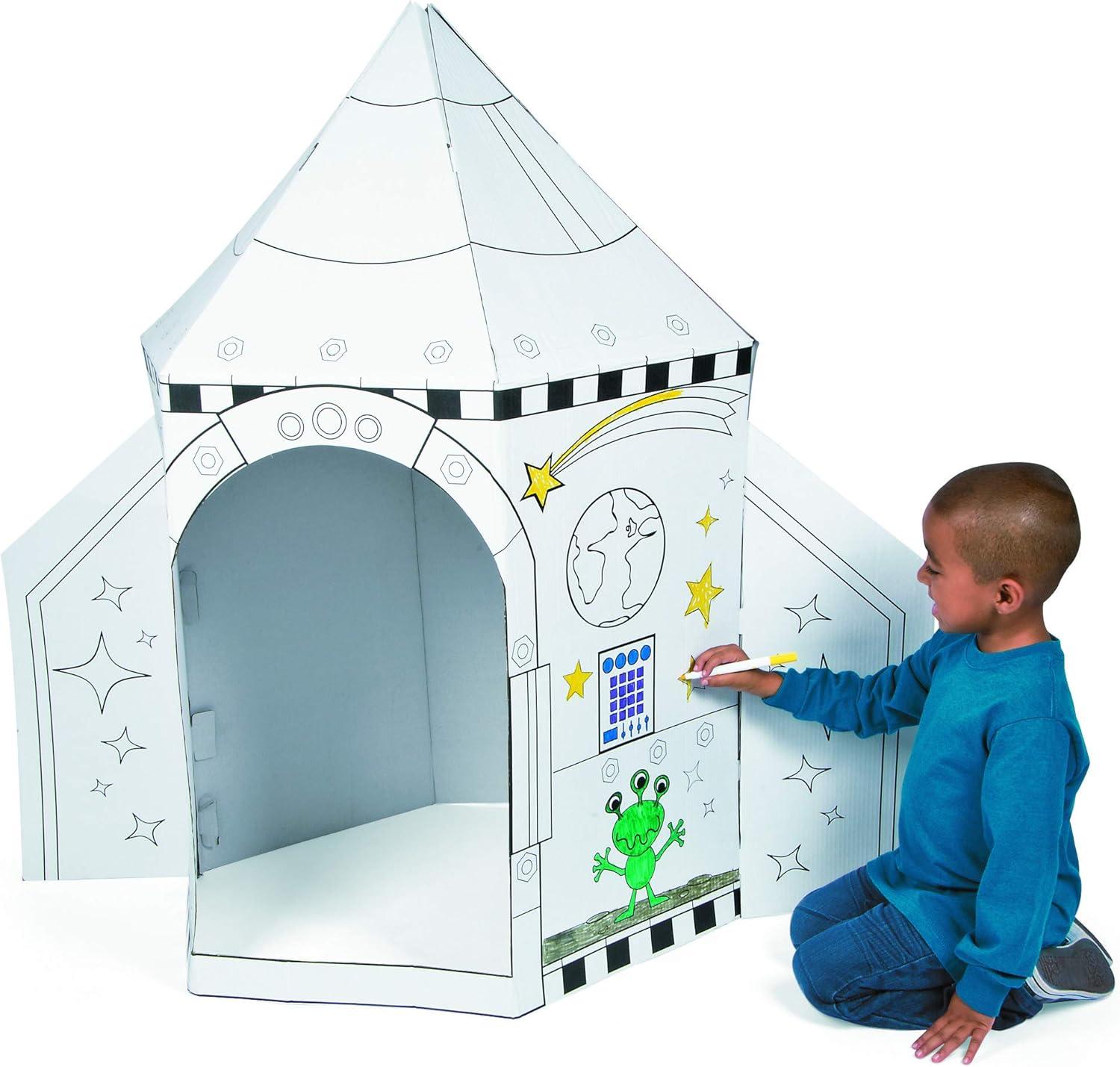 imageFun Express Cardboard Playhouse Rocket Ship Toy for Kids  5 Foot Color Your Own Spaceship for Indoor Play  White Cardboard House to Color for Toddler Activities ampamp Creative Arts Projects