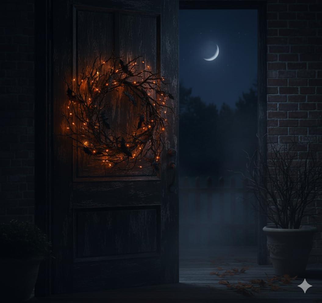 imageFun Express Halloween Wreath 26quot Light Up Black Bat Twig Wreath for Front Door  Spooky Gothic Outdoor Halloween Decorations with LED Lights  Premium Plastic Construction for Porch ampamp Entryway Decor