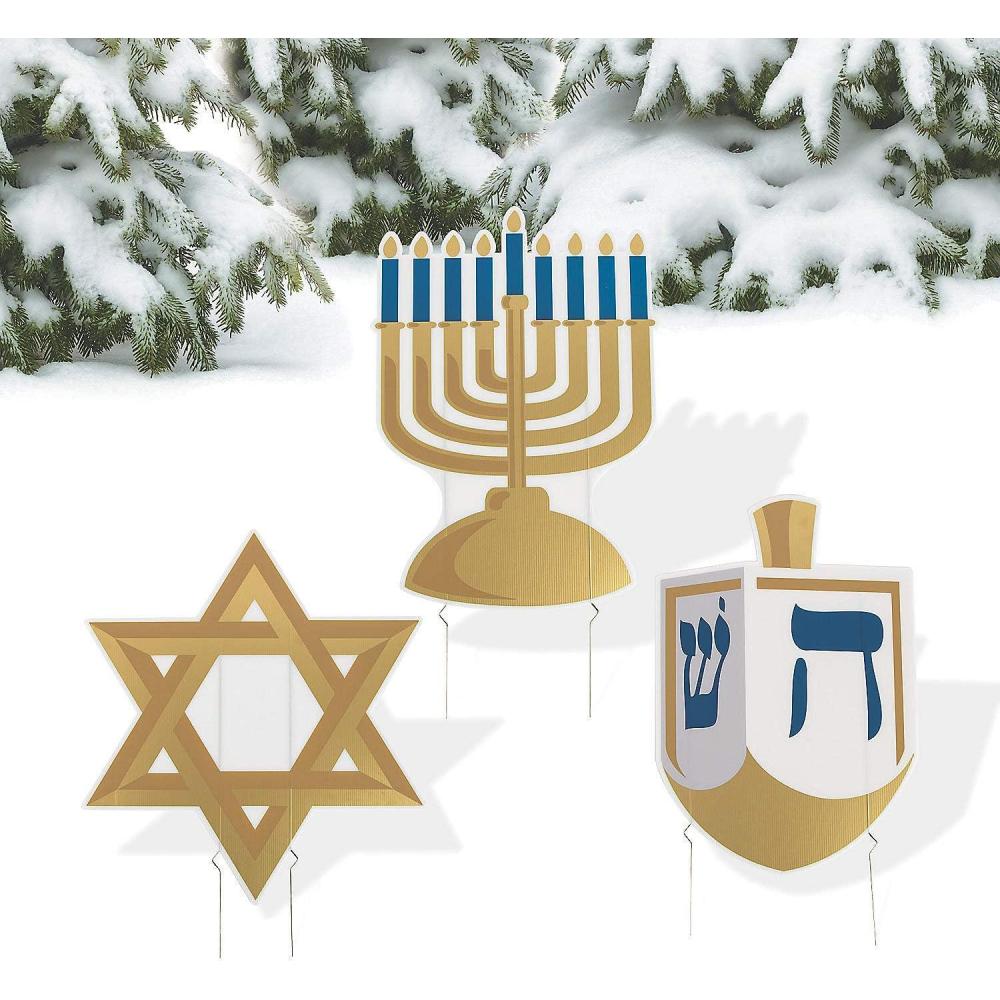 imageFun Express 29quot x 32quot Hanukkah Yard Signs  Set of 3 Jewish Holiday Decorations with Stakes Perfect for Festive Outdoor Displays Durable ampamp Vibrant Colors