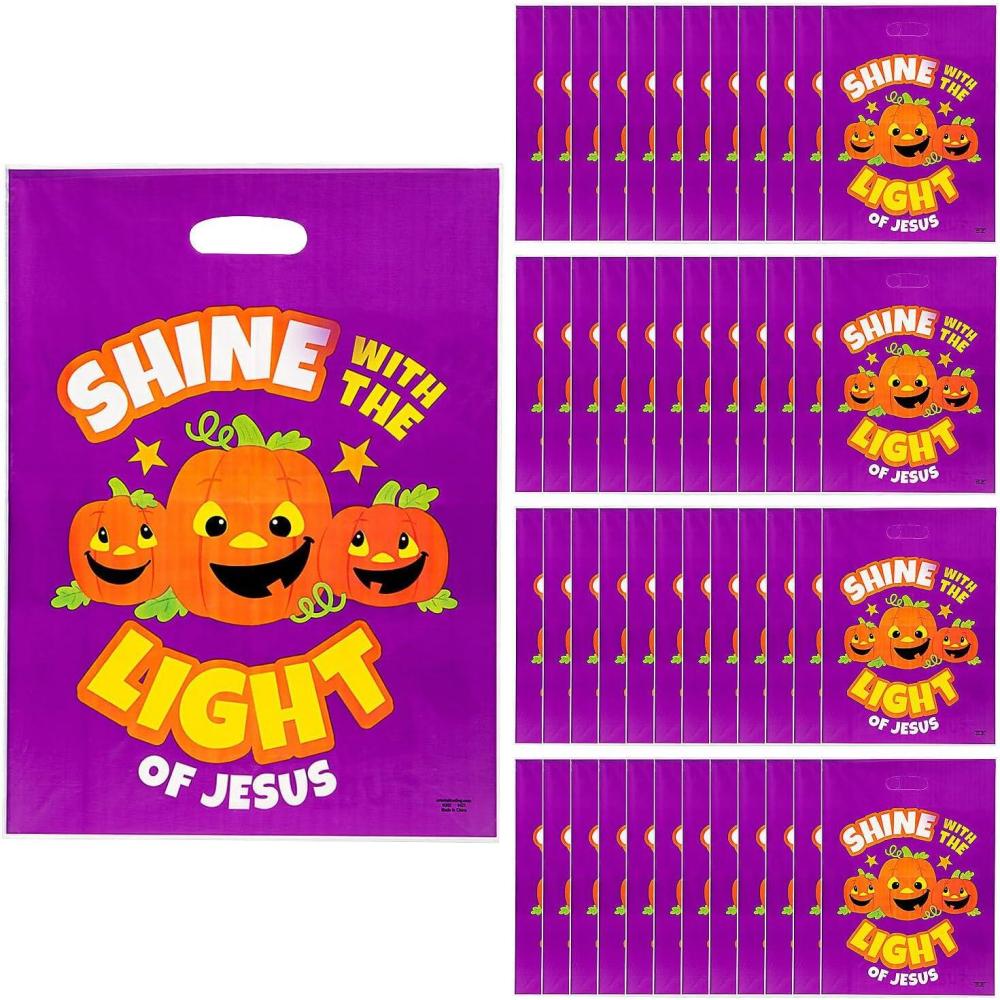imageFun Express Christian Pumpkin Plastic Gift Bags 50 Pack  Fall Halloween Treat Bags with Handles for Church Trunk or Treat Events  Religious Party Favors for Sunday School ampamp Fall FestivalsMulticolour