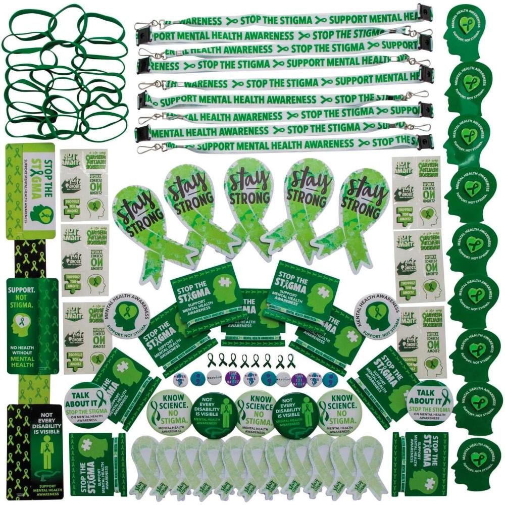 imageFun Express Mental Health Awareness Items Bulk 250 Piece  Gifts Bracelets Pins Stickers ampamp Pens for Mental Health Awareness Month  School Healthcare ampamp Fundraiser Giveaways  Green Ribbon Theme