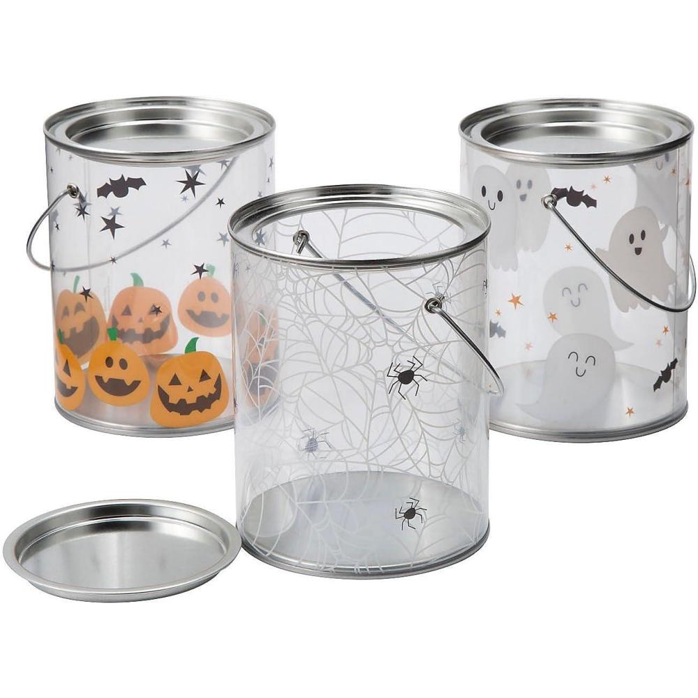 imageHalloween Clear and Silver Plastic Paint Bucket Favor Containers  Assorted Designs 4quot x 5quot Pack of 6  Perfect for Halloween Party Favors TrickorTreating and More