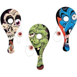 Fun Express Halloween Eyeball Catch Paddle Ball Games – 4.5” x 9” Monster-Themed Fun for Parties, Prizes & Trick-or-Treating – 12 Pieces