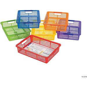 Fun Express Stackable Storage Bins 13×9.75×3 Inch – 6 Pack Colorful Plastic Storage Baskets with Handles for Classroom Organization | Paper Trays for Teachers, Office Storage & Home Organizing
