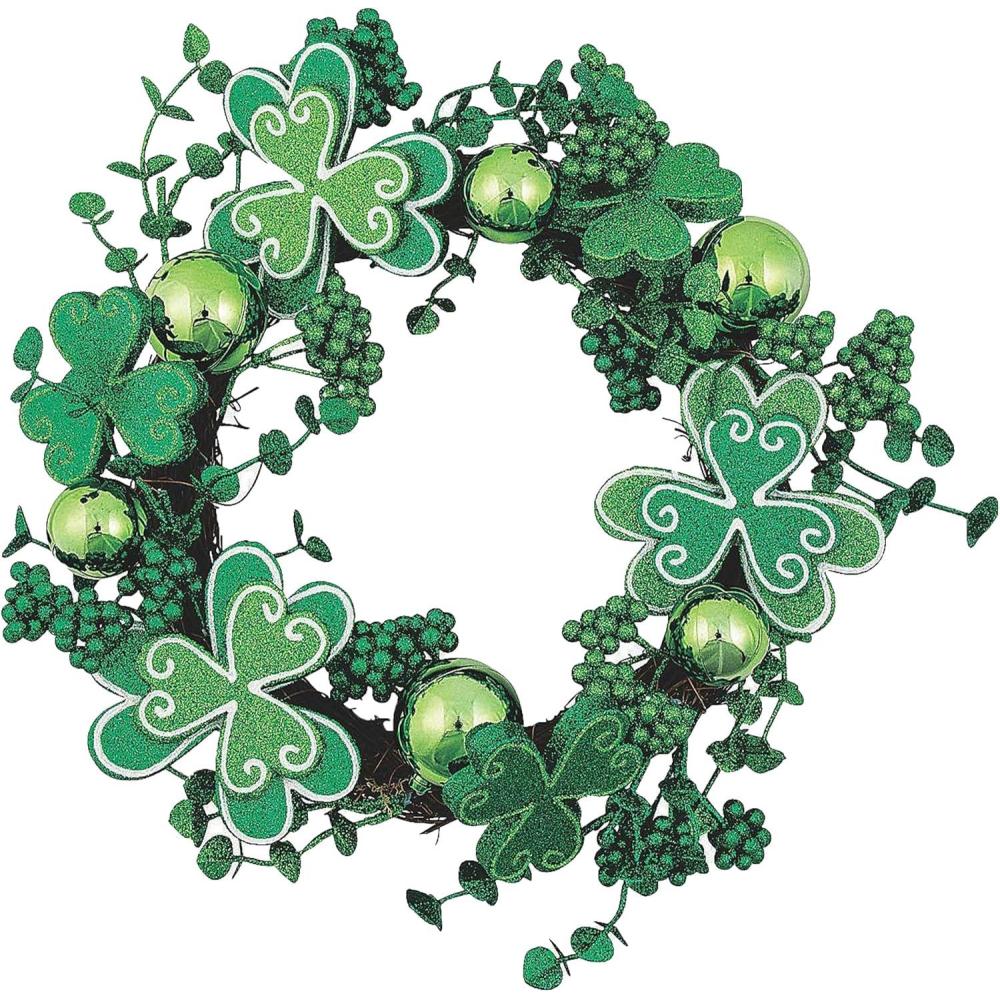 imageFun Express St Patricks Day Shamrock Wreath  13Inch Artificial Shamrock Wreath  Spring  Door or Wall Decor