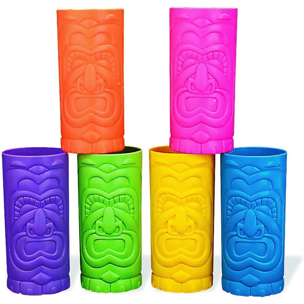 imageFun Express Tiki Cups 24 oz Plastic Disposable Party Cups for Hawaiian Luau Party Supplies  12 Count Multicolor Tropical Glasses for Kids Birthday Beach Summer Events  Authentic Tiki Head Design