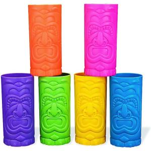 Fun Express Tiki Cups 24 oz Plastic Disposable Party Cups for Hawaiian Luau Party Supplies – 12 Count Multicolor Tropical Glasses for Kids Birthday Beach Summer Events | Authentic Tiki Head Design