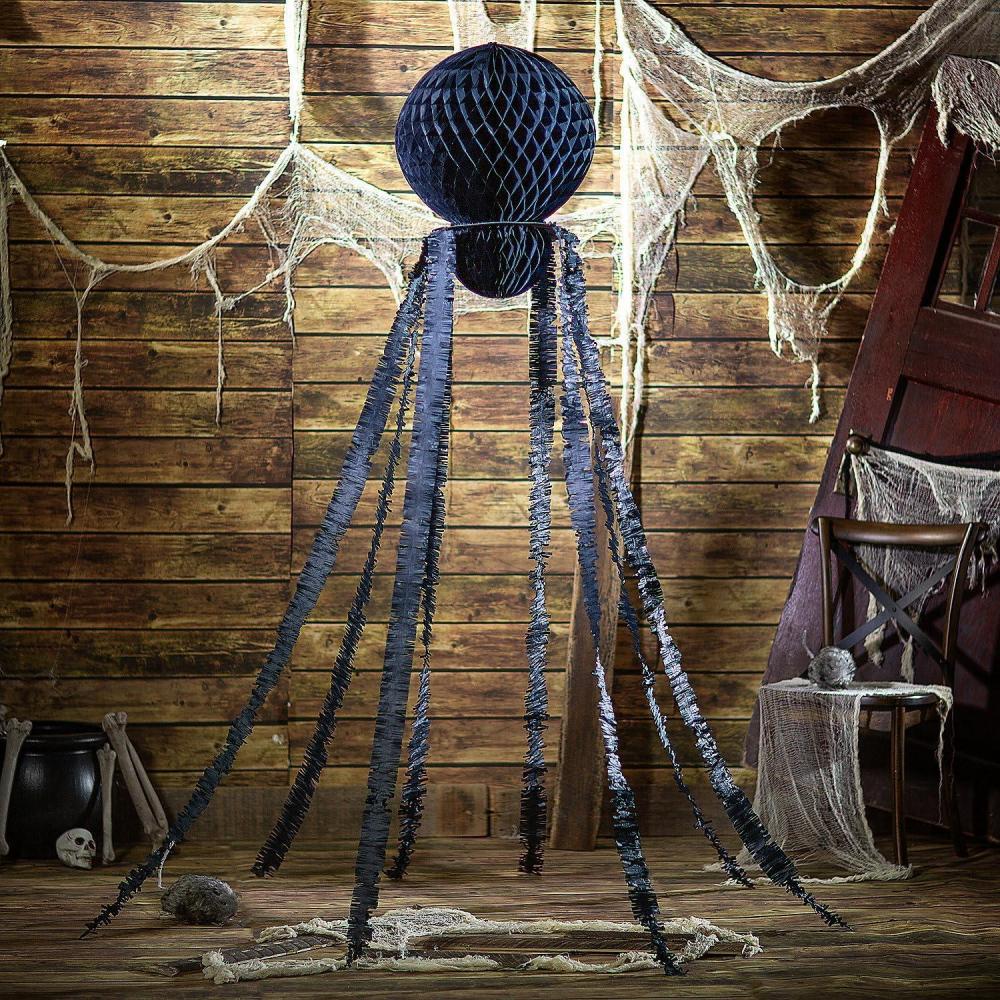 imageFun Express 7 Ft Large Black Hanging Honeycomb Tissue Paper Spider Halloween Decoration