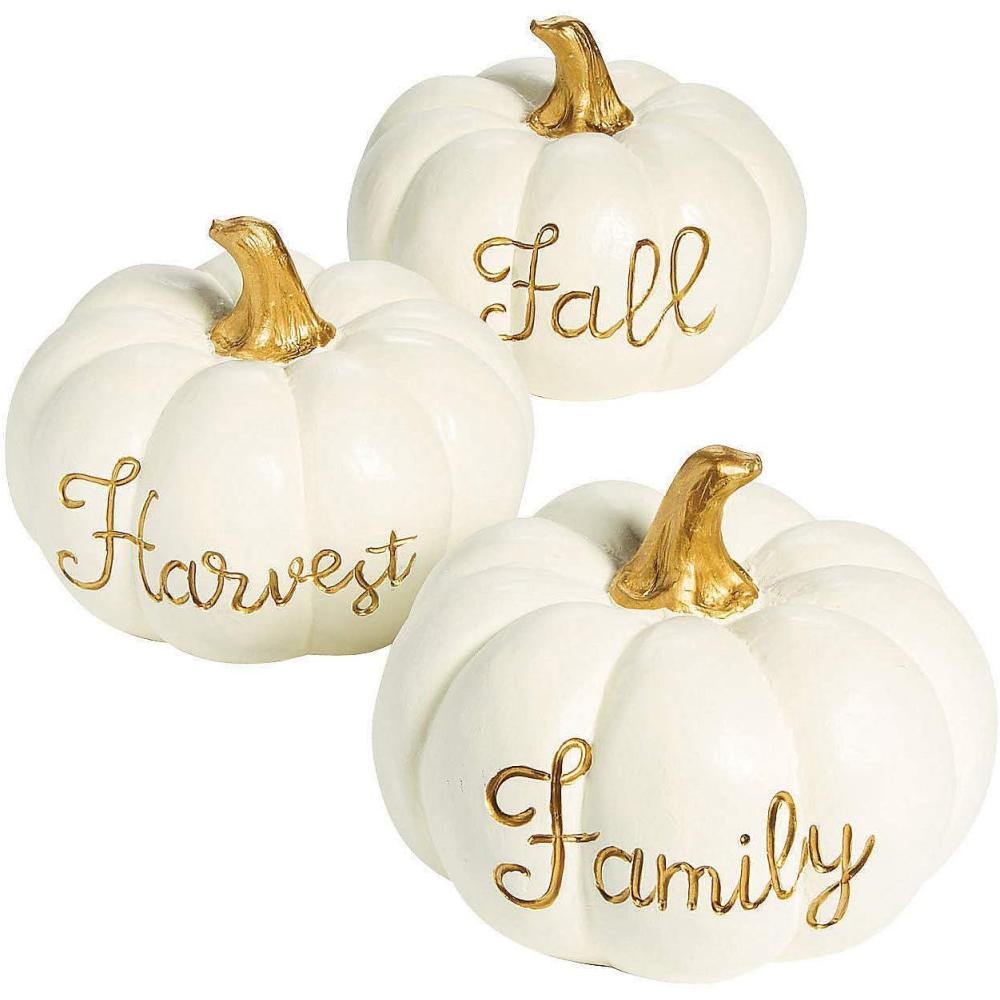 imageFun Express White Pumpkins for Decorating with Gold Accents  Premium Resin Fall Decor 3 Piece Set  Elegant Thanksgiving Centerpieces for Dining Table  Farmhouse Autumn Decorations for Home