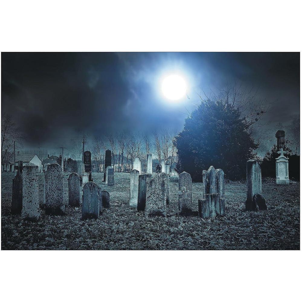 imageHaunted Cemetery Scene Backdrop Banner 9 feet long Halloween Party Decorations