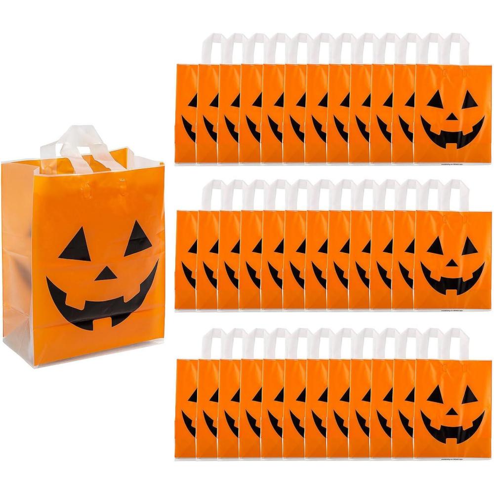 imageOrange Large Halloween JackOLantern Plastic Tote Bags 95quot x 525quot x 12quot 36 Count  Spooky Design ampamp Durable Material Perfect For TrickorTreat ampamp Halloween Parties