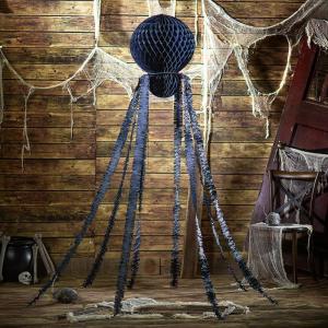Fun Express 7 Ft. Large Black Hanging Honeycomb Tissue Paper Spider Halloween Decoration