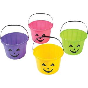 Fun Express Halloween Basket Plastic Pumpkins Jack O Lantern Trick or Treat Bucket Set of 12 – Mini Halloween Buckets for Kids Candy Collection | Neon Orange Pumpkin Pails for Party Favors