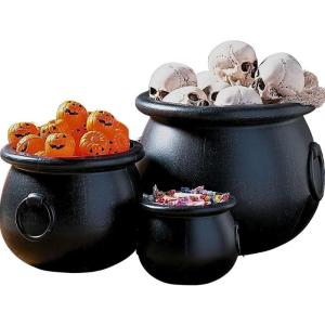 Fun Express Halloween Cauldron Set 3 Pack – Extra Large 16″ 12″ 8″ Black Plastic Cauldron – Great for DIY Halloween Decoration Projects, Witch Props, Candy Dishes and Spooky Porch and Home Decor