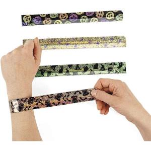 Fun Express Iconic Halloween Metal Slap Bracelets Pack of 12 Assorted 9 Inch Styles Perfect Spooky Giveaways for Party Favors and Trick-Or-Treating