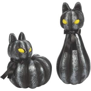 Pumpkin Black Cat Light-Up Halloween Decorations – Home Decor – 2 Pieces – Mantle, Fireplace and Tabletop Decor for Halloween