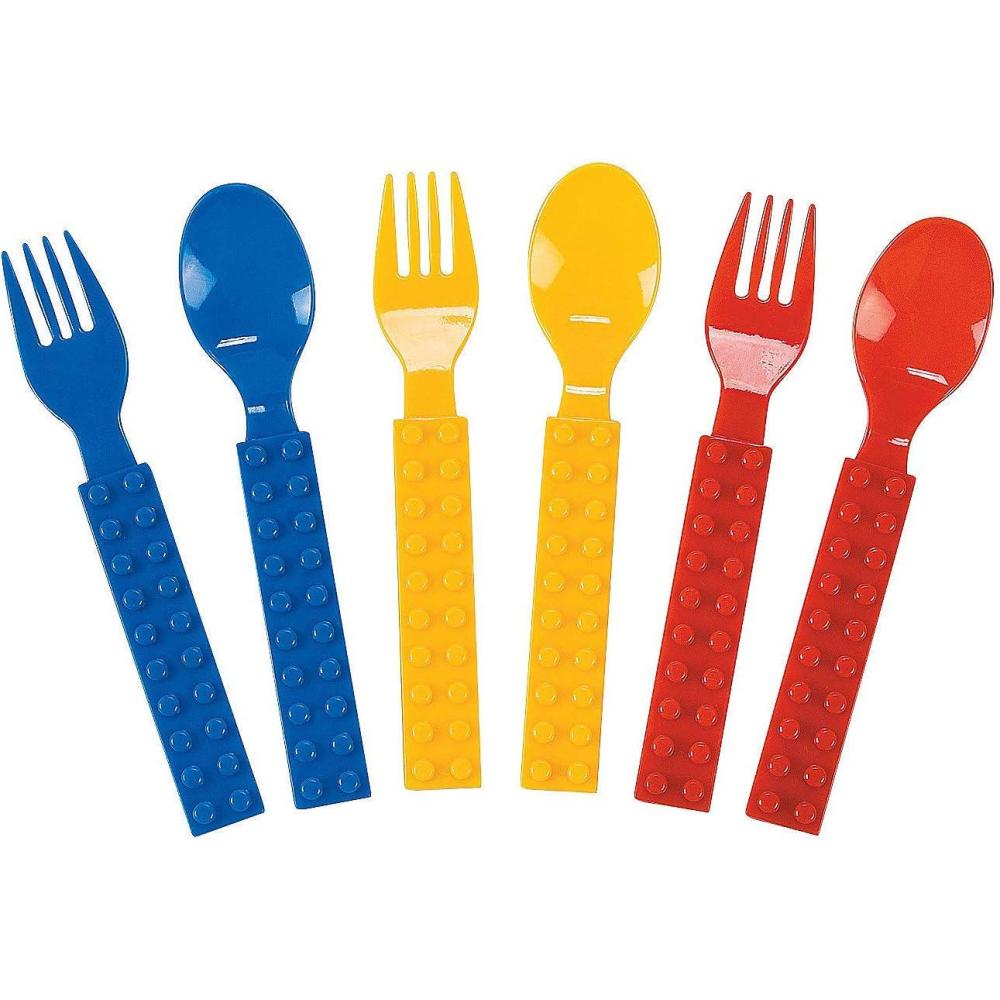 imageBrick Party Fork ampamp Spoon Utensils Silverware Set  16 pieces Brick and Building Block Birthday Party Supplies