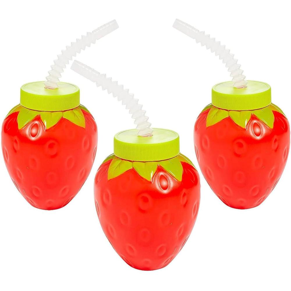 imageFun Express 12 Pieces Strawberry Molded Cups with Lids ampamp Straws Hold 4 oz BPA Free Plastic Birthday Party Supplies Red