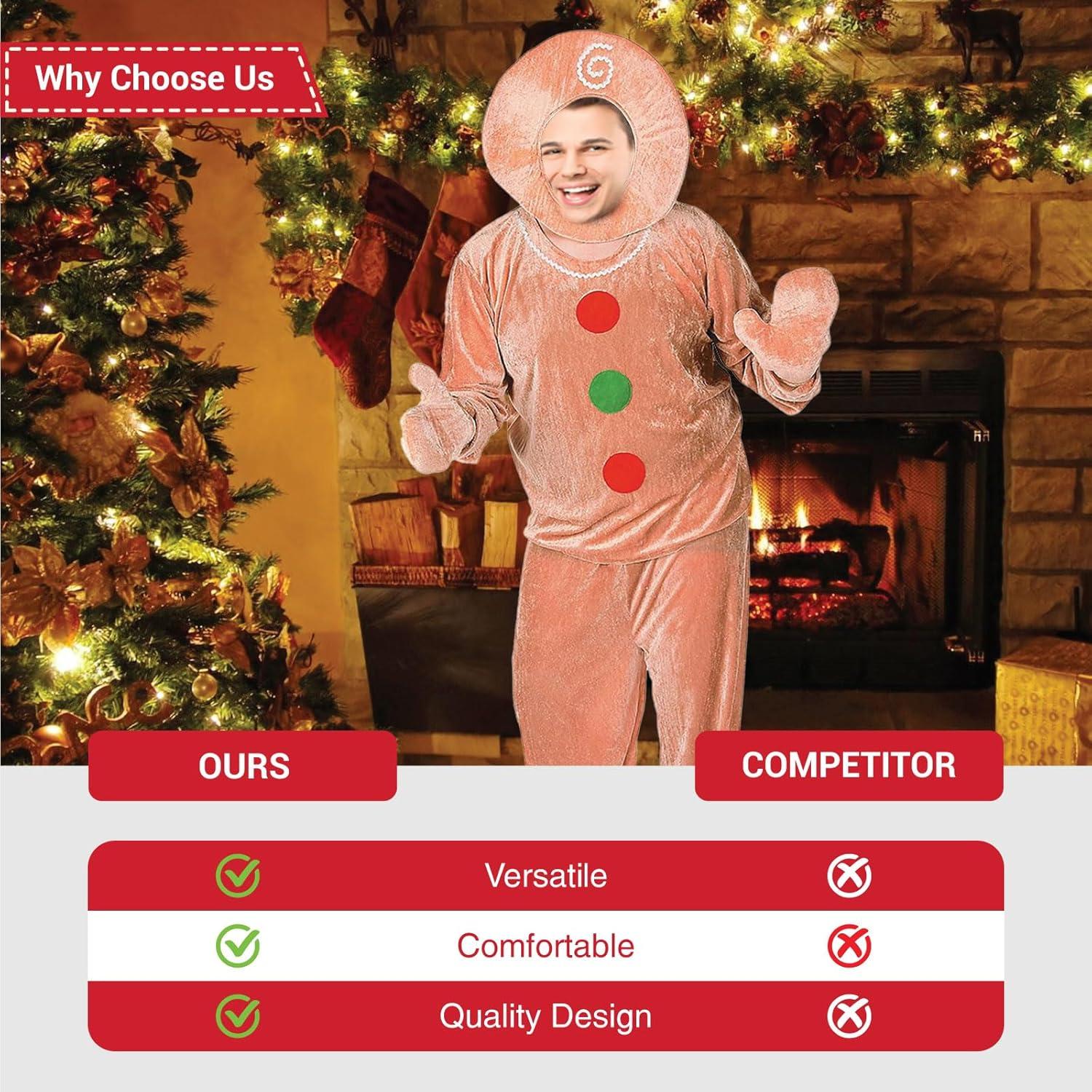imageFun Express Gingerbread Man Costume Adult Extra Large  Premium Velour Christmas Costume for Men  Complete 5Piece Holiday Outfit with Hood ampamp Mittens for Parties