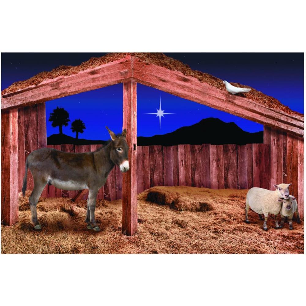image9 Ft x 6 Ft Nativity Stable Scene with Animals Plastic Backdrop  3 Piece Make The Full Backdrop  Great for Nativity and Christmas Plays and Pageants