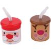 Fun Express Set of 12 Cheery Christmas Plastic Cups with Lids and Straws, BPA Free Plastic, Reindeer and Santa Designs, Cups Hold 7 oz, Holiday Party Supplies, Multi-Color