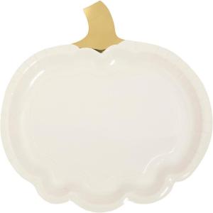 Fun Express Lil’ Pumpkin White & Gold Paper Dinner Plates – Pumpkin Paper Disposable Dessert Plate – Thanksgiving Harvest Plates for Autumn Catering Events Dinning Favors Tableware Decor – 8 Pieces