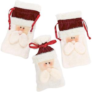 Fun Express Plush Santa Drawstring Bags for Christmas – Set of 12 – Holiday Party and Gift Supplies