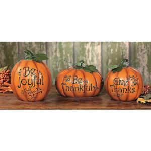 Fun Express Resin Thanksgiving Pumpkin Set (3 Pieces) Carved with Be Joyful, Be Thankful and Give Thanks