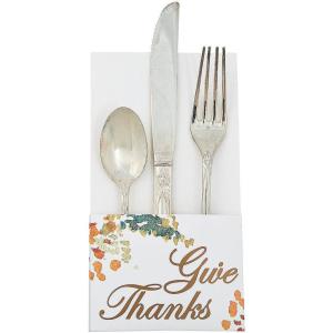Fun Express Rustic Fall Give Thanks Silverware Holder – Set of 12 – Thanksgiving Dinner and Party Supplies