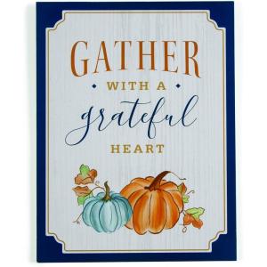 Rustic Gather with a Grateful Heart Fall Sign – Charming Wooden Home Decor with Corrugated Metal Pumpkin – Perfect for Hearth Room Kitchen or as a Thoughtful Thanksgiving Hostess Gift – 1 Piece