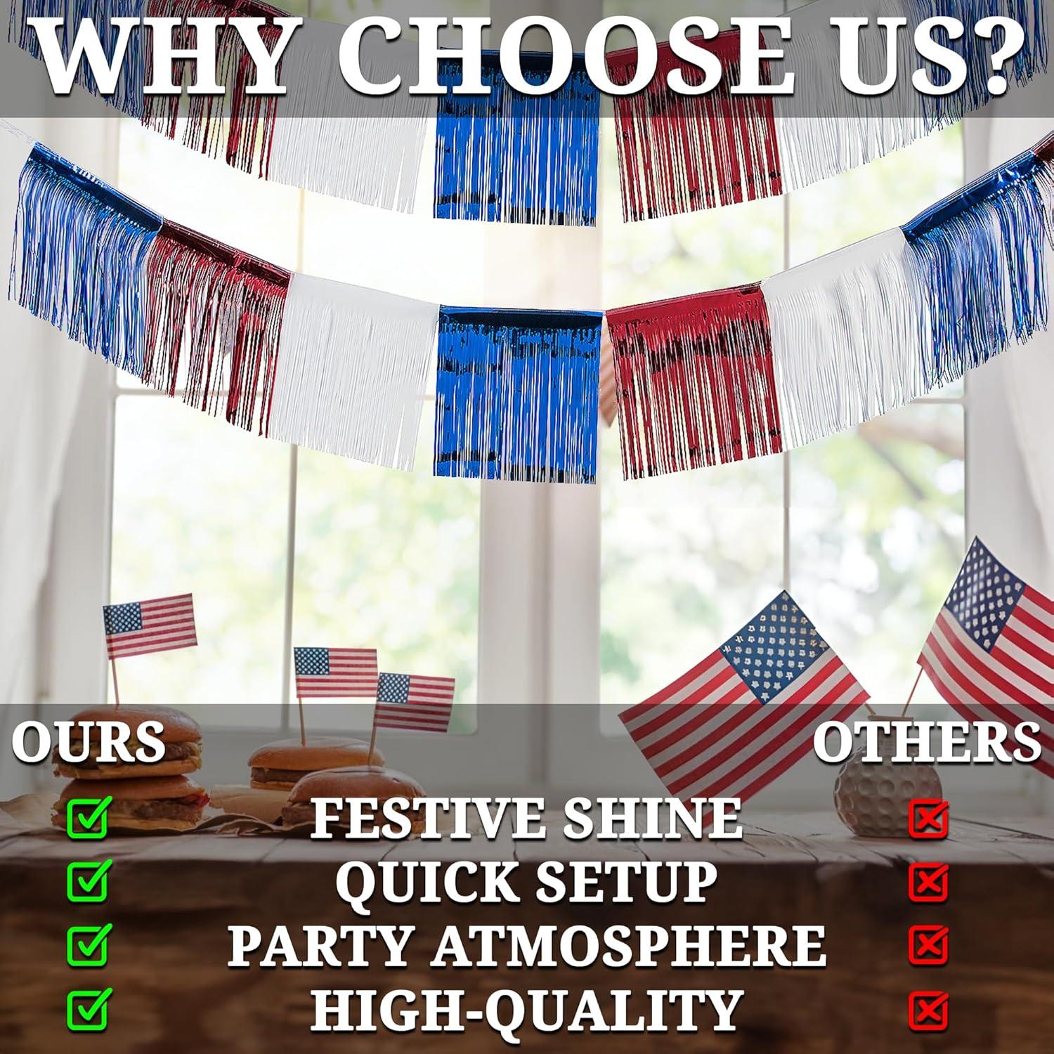 imageFun Express Foil Patriotic Fringe for Fourth of July Party Decorations  24 Ft Foil Fringe for Quick Decor  Make Your Parade Decorations with Red White ampamp Blue  Durable Metallic Fringe Quick Setup