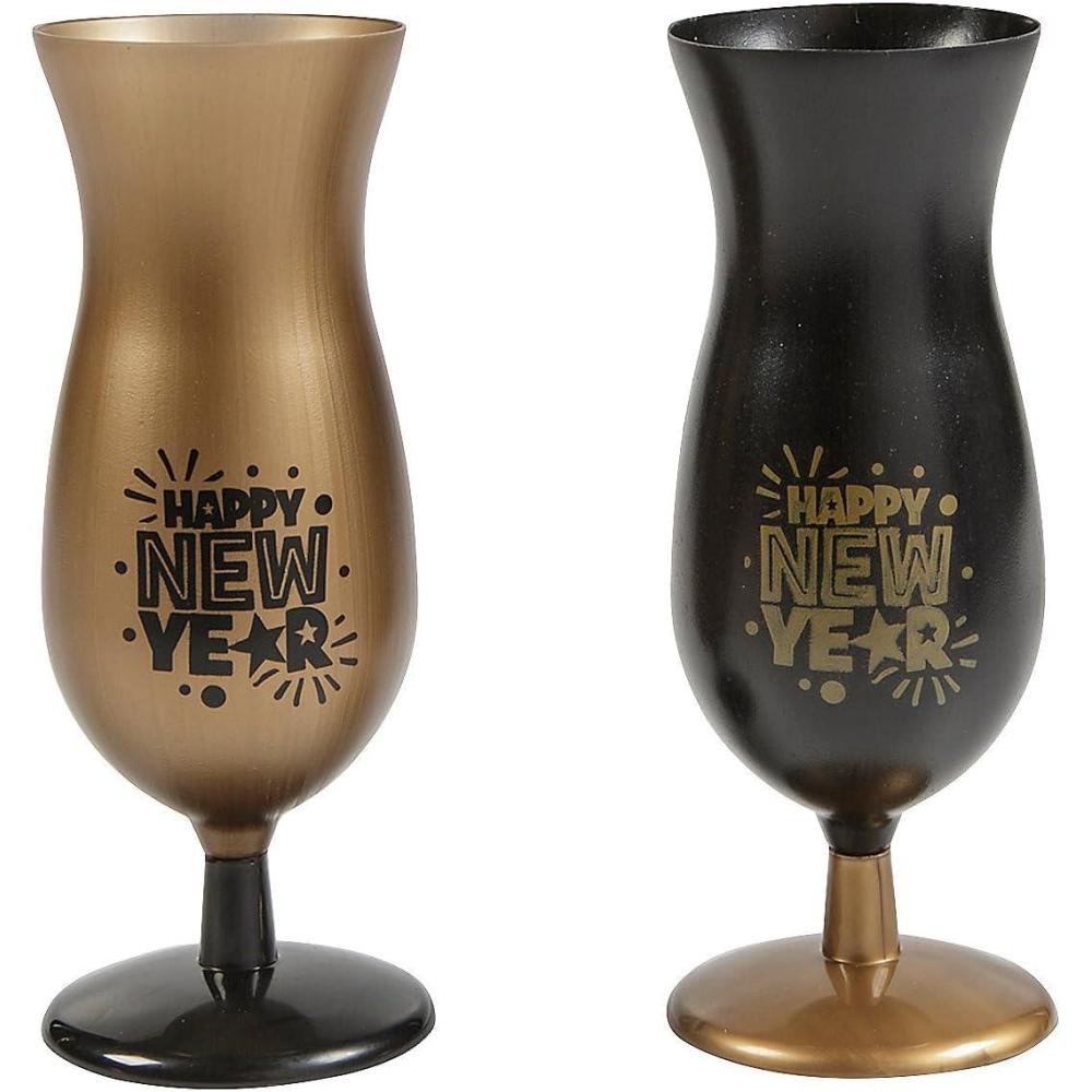 imageFun Express 14 oz Happy New Year Gold ampamp Black Plastic Hurricane Glasses  12 Count