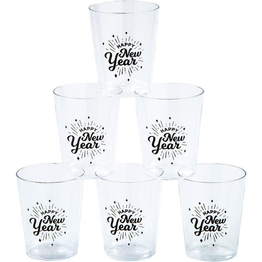 imageFun Express 24 Pieces New Years Eve Plastic Shot Glasses Holds 2 oz BPA Free Plastic New Year Party Supplies Clear