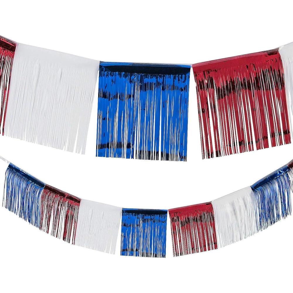 imageFun Express Foil Patriotic Fringe for Fourth of July Party Decorations  24 Ft Foil Fringe for Quick Decor  Make Your Parade Decorations with Red White ampamp Blue  Durable Metallic Fringe Quick Setup