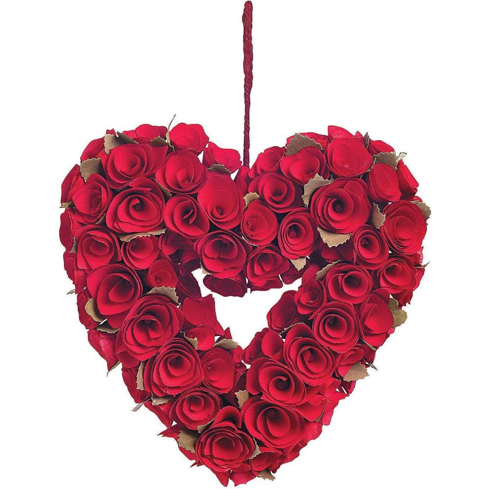 imageFun Express Valentines Day Wreath 10 inch Carved Wooden Red Rose Heart Wreath Holiday and Wedding Decorations