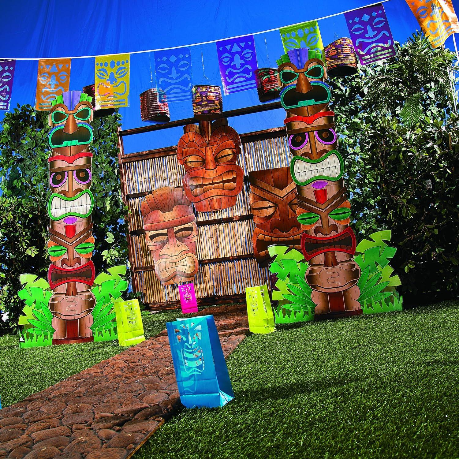 imageFun Express Jumbo Tiki Mask Cardboard Cutouts 3436 Inch 3 Piece Set Brown Tribal Design Perfect Tiki Bar Decor for Hawaiian Luau Party Decorations Beach Themed Room ampamp Tropical Wall Art Display