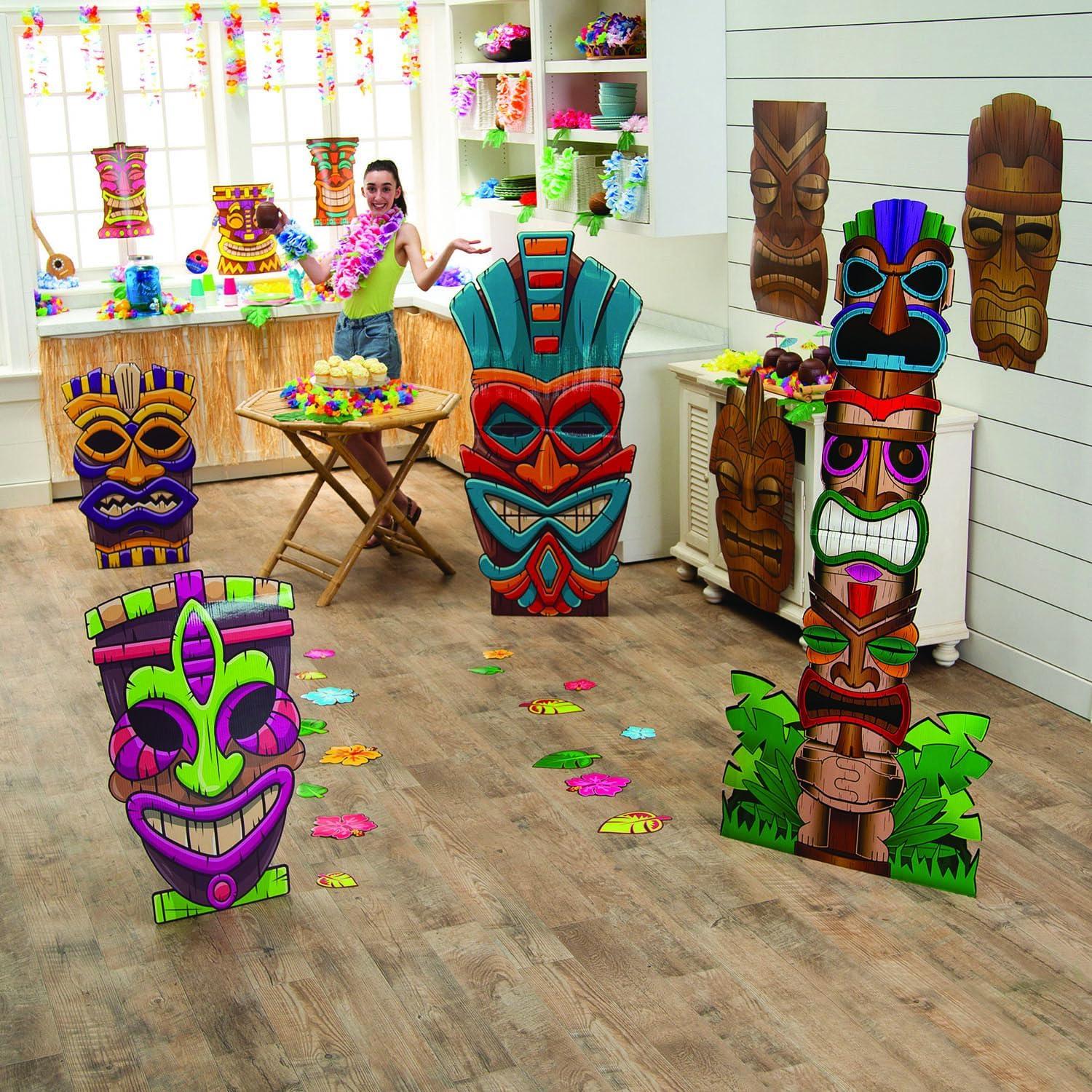 imageFun Express Jumbo Tiki Mask Cardboard Cutouts 3436 Inch 3 Piece Set Brown Tribal Design Perfect Tiki Bar Decor for Hawaiian Luau Party Decorations Beach Themed Room ampamp Tropical Wall Art Display