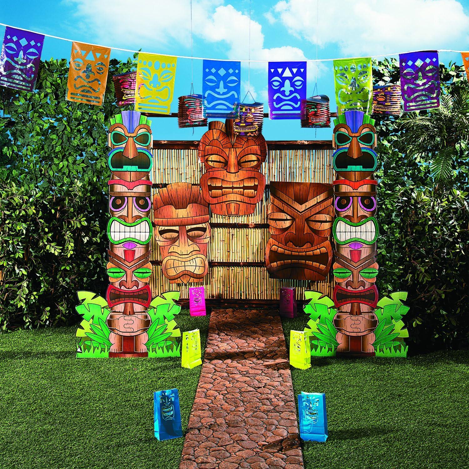 imageFun Express Jumbo Tiki Mask Cardboard Cutouts 3436 Inch 3 Piece Set Brown Tribal Design Perfect Tiki Bar Decor for Hawaiian Luau Party Decorations Beach Themed Room ampamp Tropical Wall Art Display