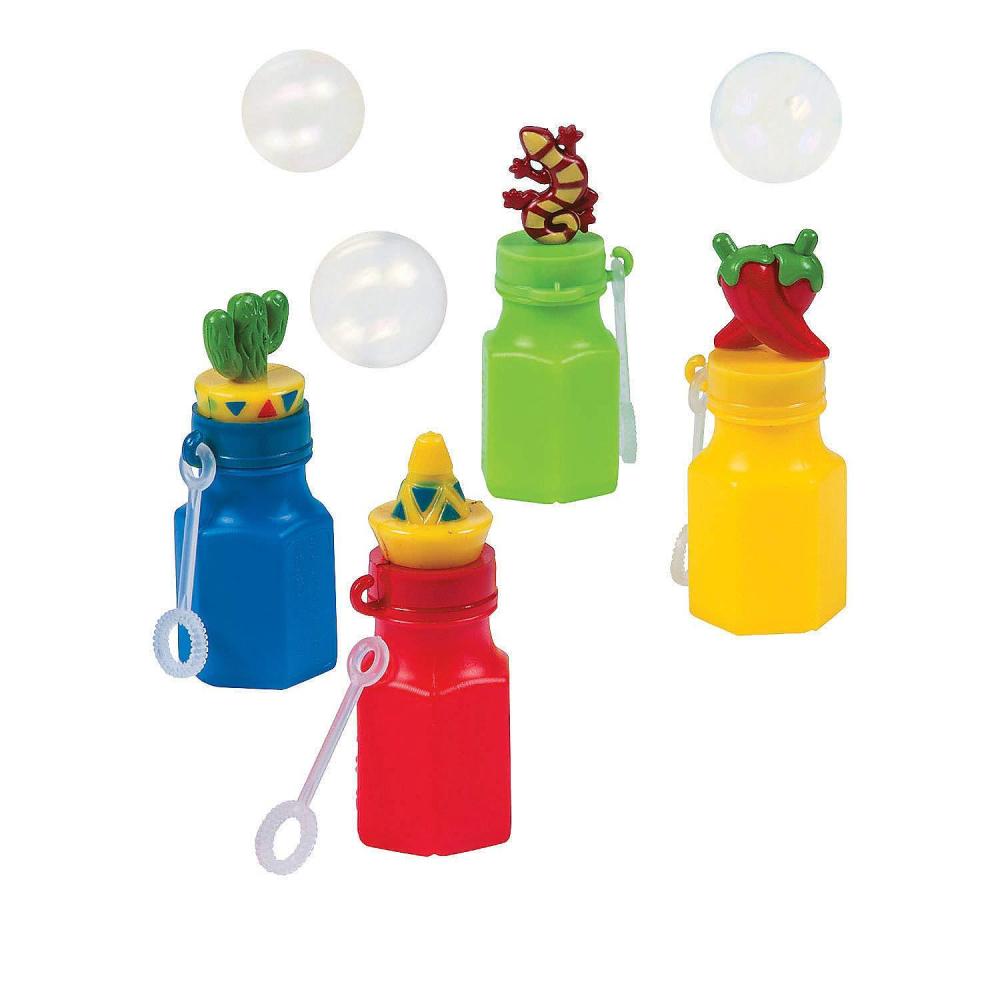 imageFiesta Character Bubble Bottles for Cinco de Mayo Hot Peppers Cacti Sombreros and Lizard Caps Set of 12