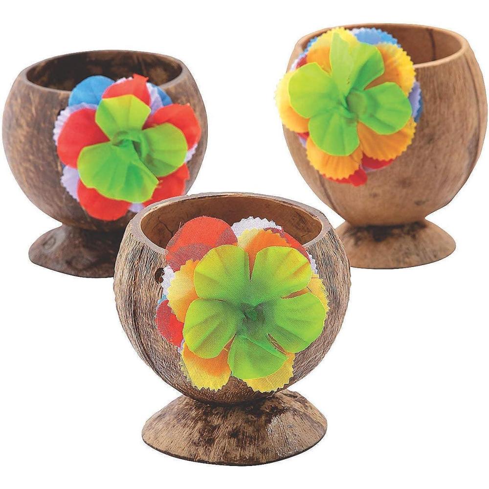 imageFun Express Coconut Favor Cup with Flowers Set of 12 made with natural coconuts Luau and Tiki Party Supplies Favor Holders Not For Drinking
