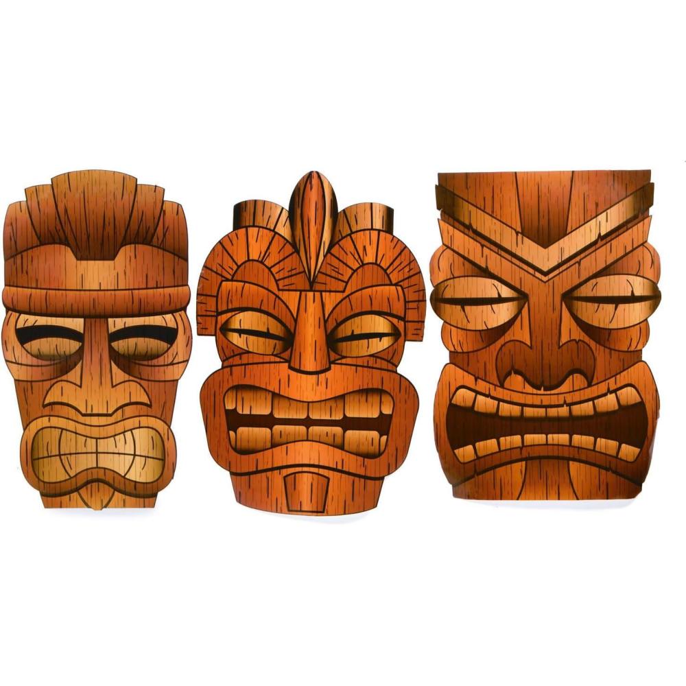 imageFun Express Jumbo Tiki Mask Cardboard Cutouts 3436 Inch 3 Piece Set Brown Tribal Design Perfect Tiki Bar Decor for Hawaiian Luau Party Decorations Beach Themed Room ampamp Tropical Wall Art Display