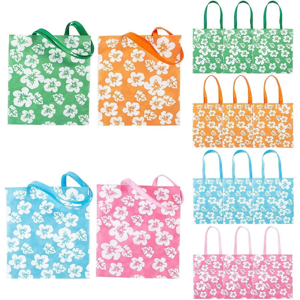 imageFun Express Reusable Hibiscus Tote Bags set of 12 Bright Haiwian colors Tiki and Luau theme  Great for Groceries or Destinaton Wedding and Party Favors