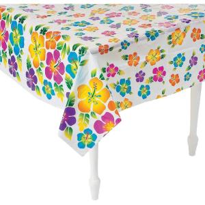 Fun Express Hibiscus Print Plastic Tablecloth (1 Piece) Luau & Tropical Party Supplies, 53″ x 73″