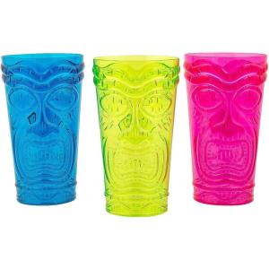 Fun Express Plastic Tiki Re-Usable Cups 12 Pieces 20 oz Assorted Neon Colors Reusable Cups – Great for Tiki and Luau Parties, Birthdays, Bridal Showers and Cook Outs
