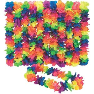 Fun Express Premium Neon Rainbow Large Flower Petal Leis – 12 Flower Neclaces – Tiki, Luau, Tropical Party Apparel Supplies