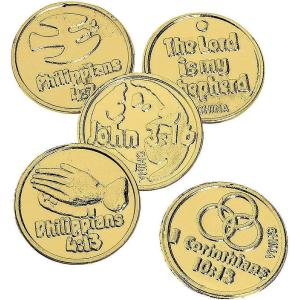 Fun Express Religious Bible Verse Gold Coins – 144 Pieces – Sunday School Supplies and VBS Prizes – VBS Vacation Bible School Supplies/Decor