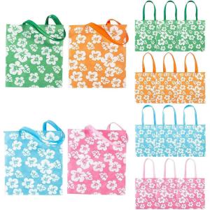 Fun Express Reusable Hibiscus Tote Bags (set of 12) Bright Haiwian colors, Tiki and Luau theme – Great for Groceries or Destinaton Wedding and Party Favors