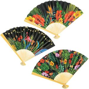Fun Express Tropical Nights Folding Hand Fans Tiki and Luau Party Supplies – Fans for Wedding Party Favor – Fabric Sleeve for Protection – Multi-Colored Or Various Tropical Colors (Set of 12)