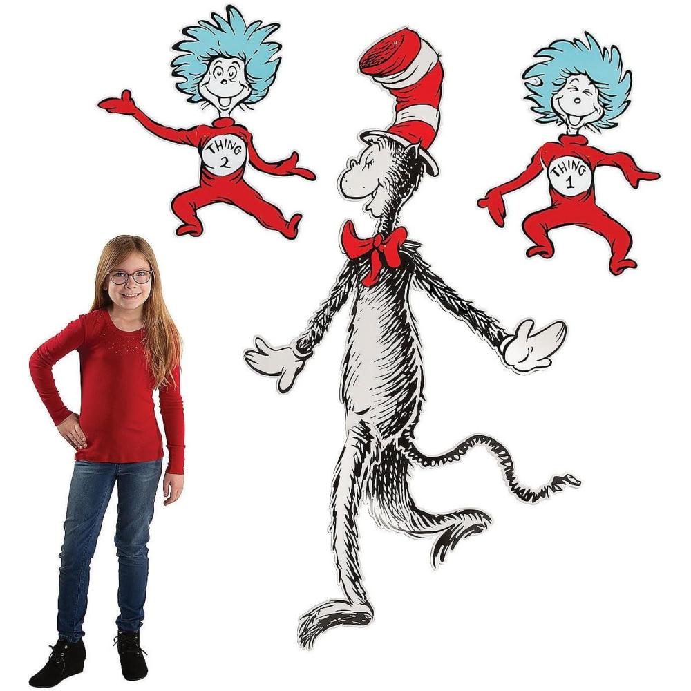 imageFun Express Dr Seuss Cat in The Hat Jointed Cardboard Cutouts 3 Pack Premium Party Decorations for Classroom Birthday Baby Shower Thing 1 Thing 2 Bulletin Board Decor for Teachers ampamp Parents